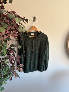 Avenue Dark Green Tweed Button-Up Polo Sweater